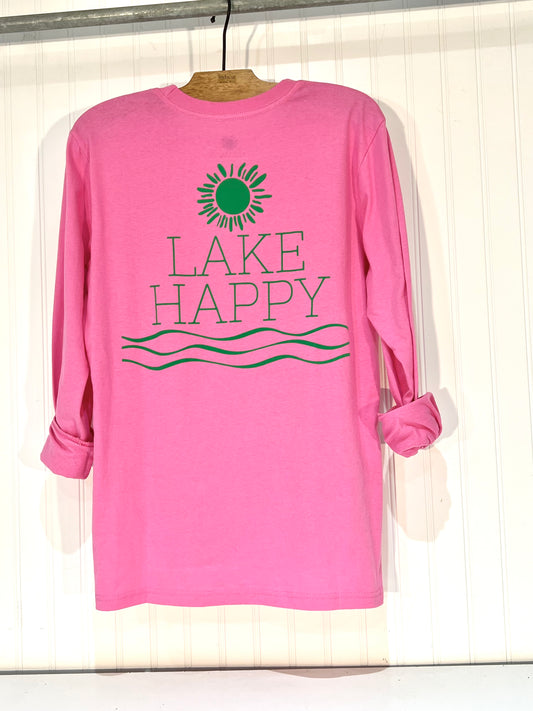 Lake Happy Long Sleeve T-Shirt Fuchsia Pink Kelly Green Logo Design