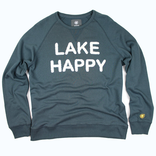 Lake Happy Crew Neck Sweatshirt Dark Slate White Chenille Logo Design