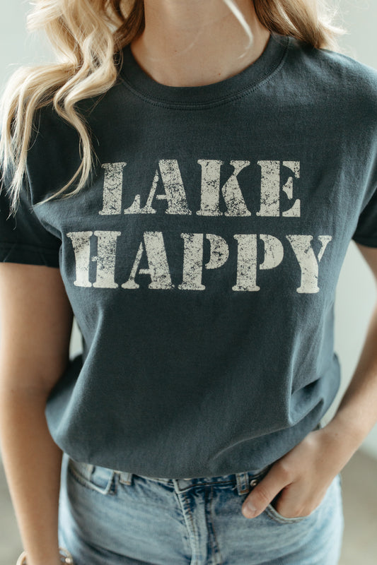 Lake Happy Short Sleeve Classic T-shirt Dark Slate Stencil Logo Design