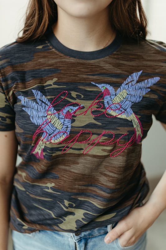 Lake Happy Short Sleeve Classic T-shirt Camo Script & Birds Logo