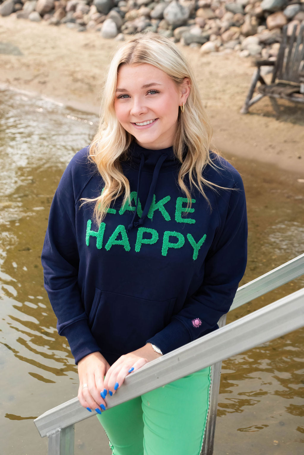 Lake Happy Hooded Sweatshirt Drawstring Chenille True Navy Kelly Green