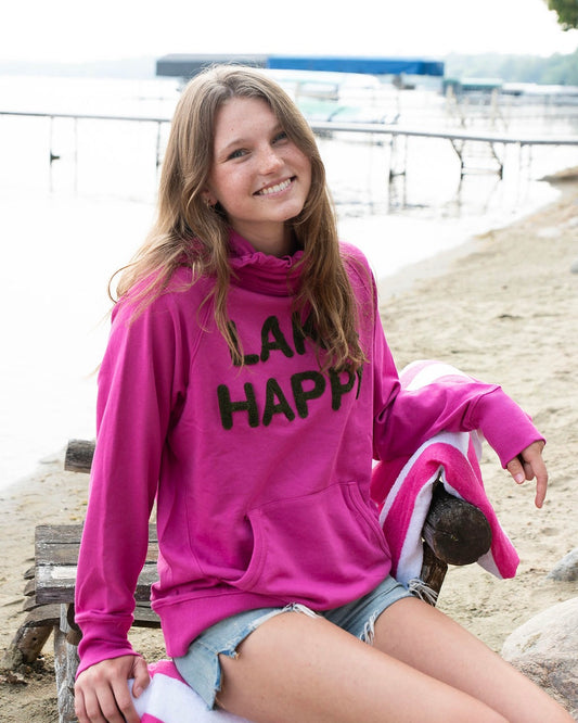 Lake Happy Hooded Sweatshirt Chenille Very Berry Embroidered