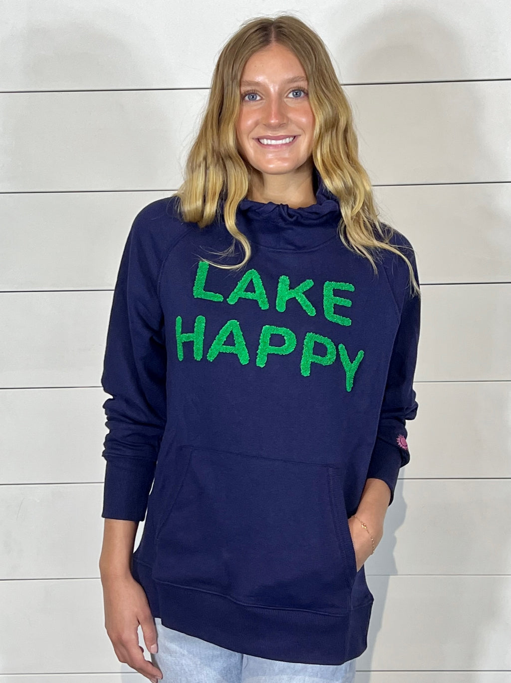 Lake Happy Hooded Sweatshirt Drawstring Chenille True Navy Kelly Green