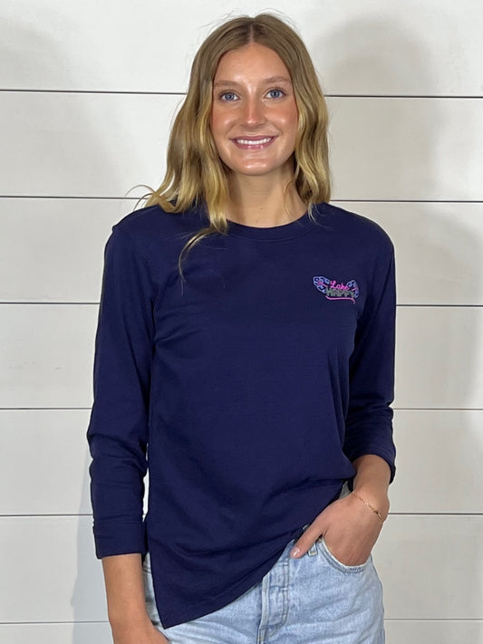 Lake Happy Neon Long Sleeve T-Shirt True Navy Neon Logo Design