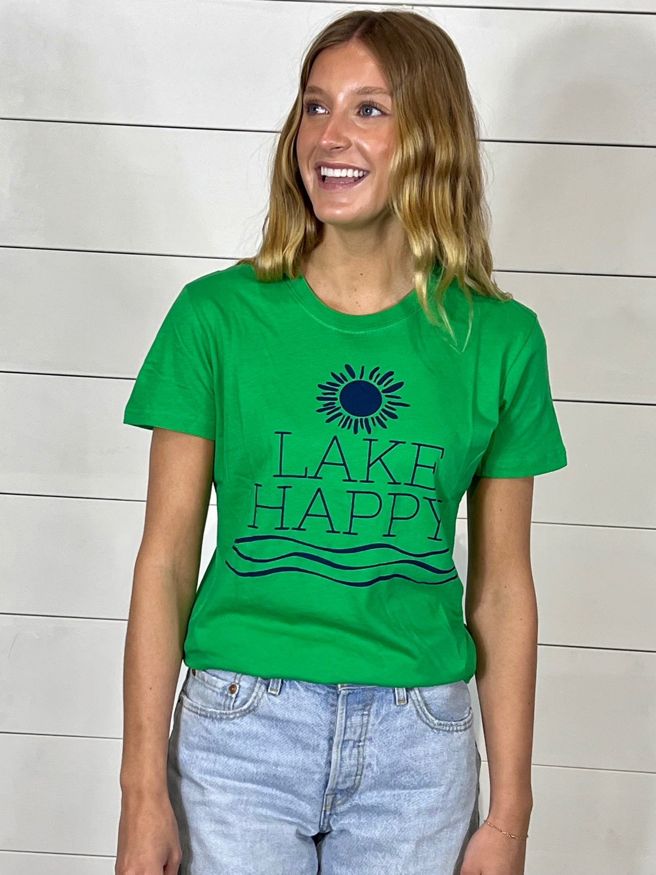 Lake Happy Short Sleeve Classic T-shirt Kelly Green and True Navy Logo Design