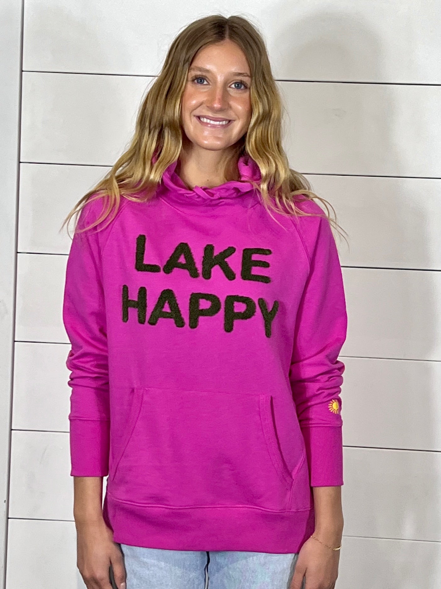 Lake Happy Hooded Sweatshirt Chenille Very Berry Embroidered Logo Design