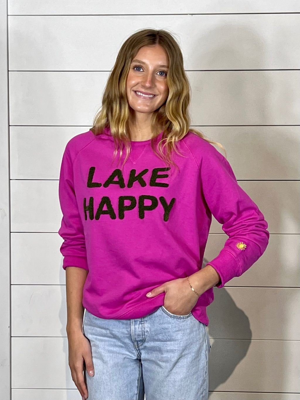 Lake Happy Crew Neck Sweatshirt Chenille Very Berry Logo Design