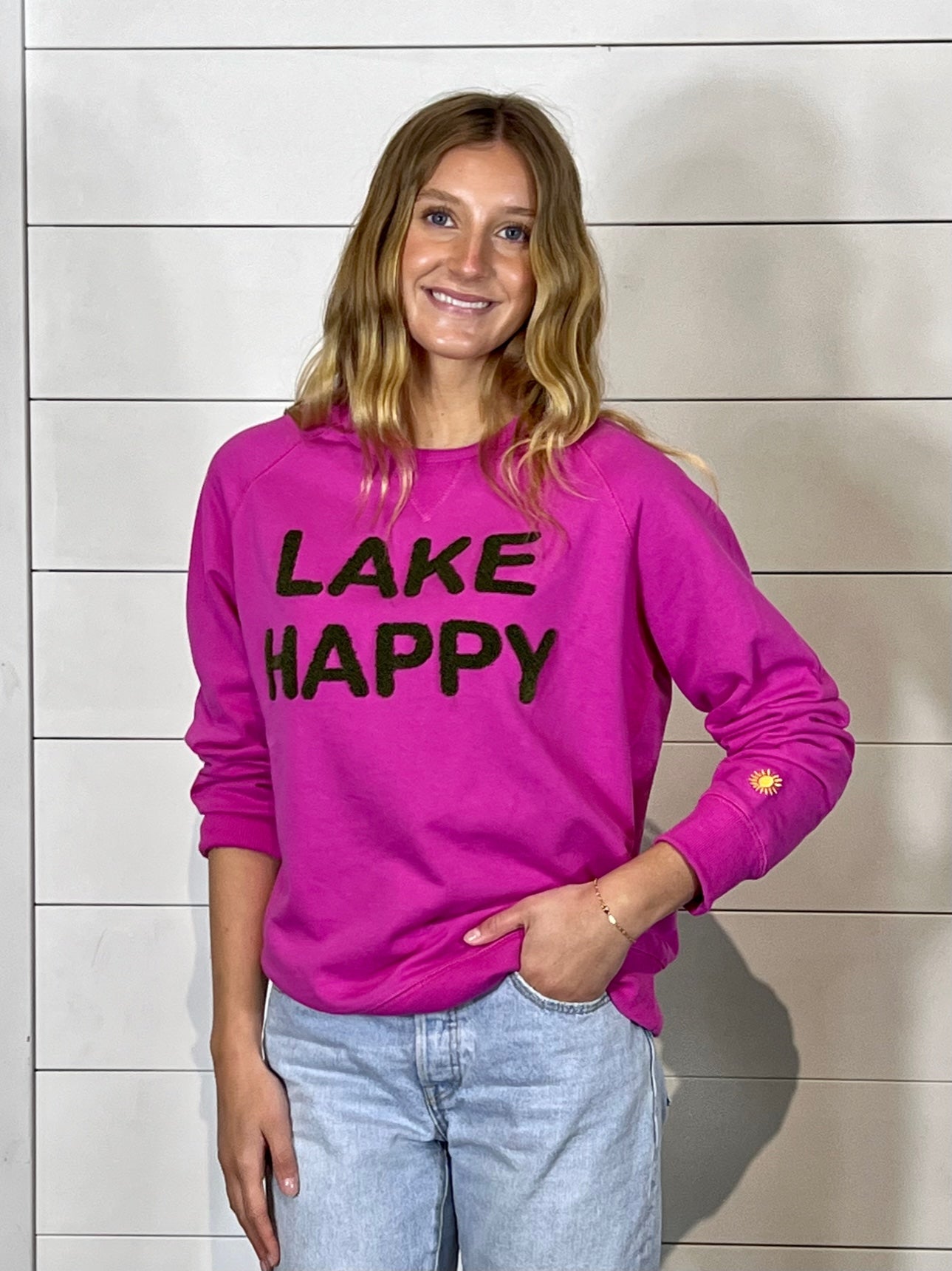 Lake Happy Crew Neck Sweatshirt Chenille Very Berry Logo Design