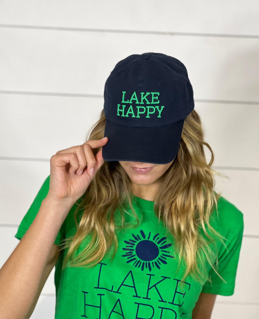Lake Happy Logo Cap True Navy and Kelly Green Embroidered Logo Design