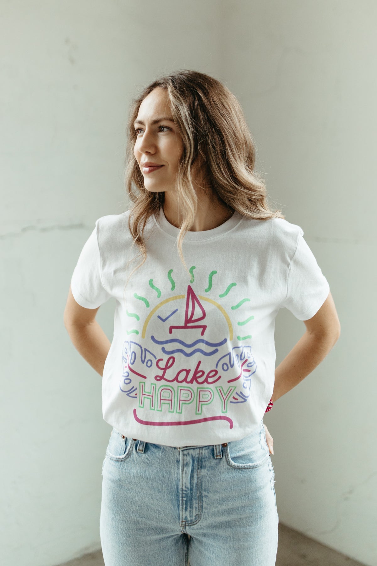 Lake Happy Short Sleeve Classic T-shirt White Neon Logo Design