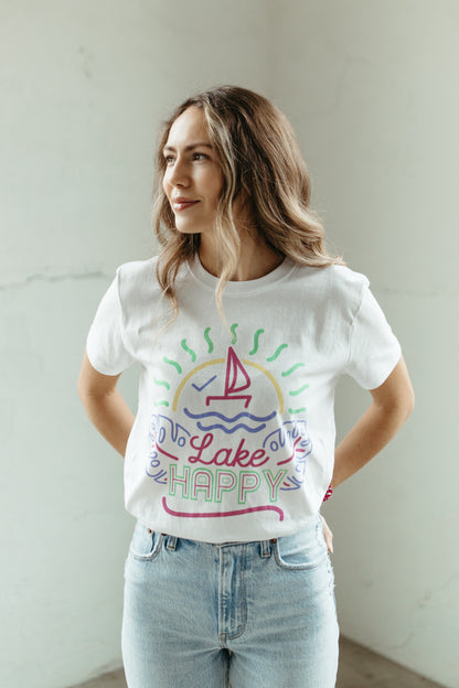 Lake Happy Short Sleeve Classic T-shirt White Neon Logo Design