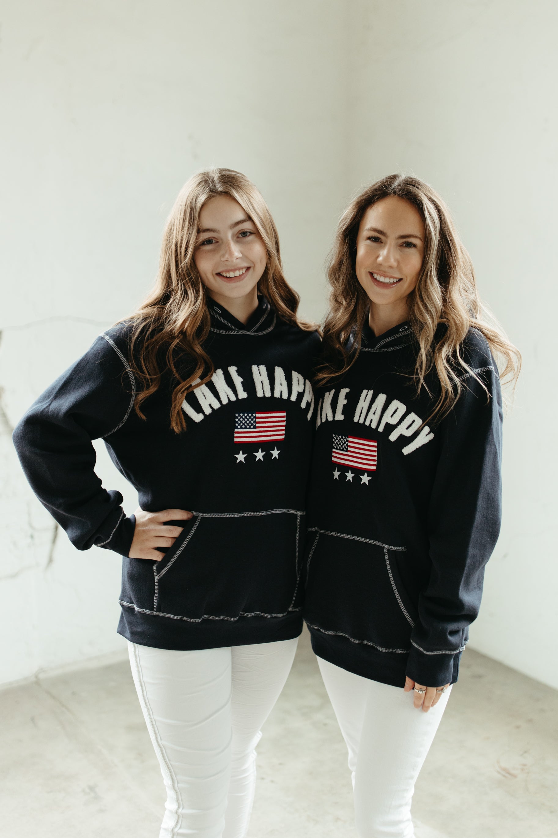 Lake Happy Hooded Sweatshirt Navy Blue USA Flag Design