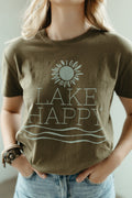 Lake Happy Short Sleeve Classic T-shirt Moss Green Stencil Logo Design