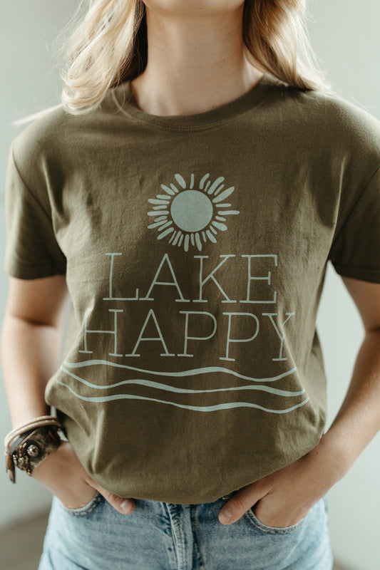 Lake Happy Short Sleeve Classic T-shirt Moss Green Stencil Logo Design