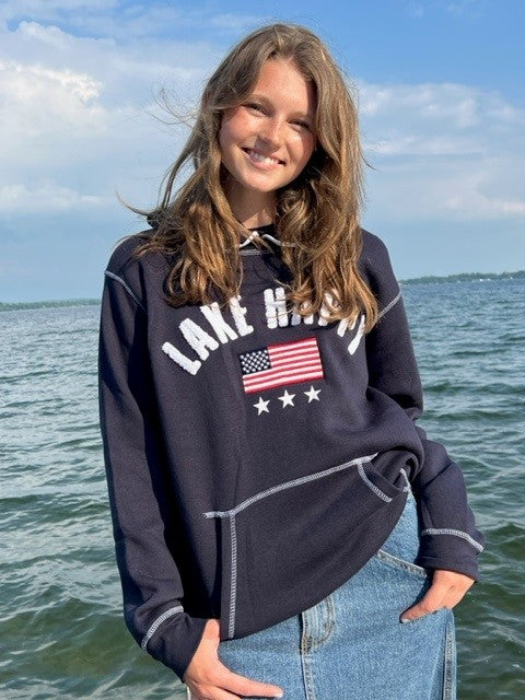 Lake Happy Hooded Sweatshirt Navy Blue USA Flag Design
