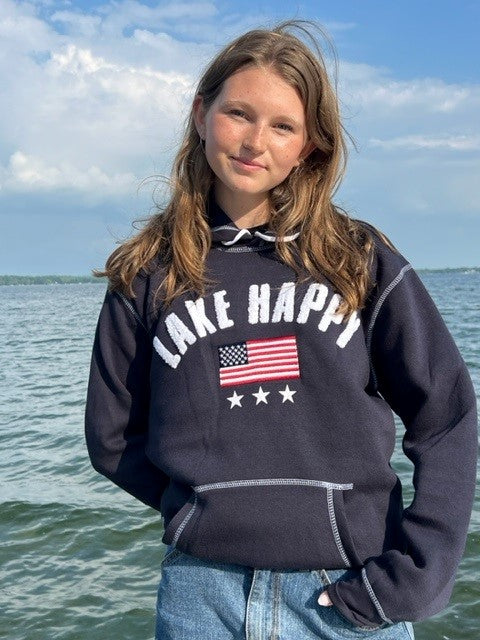 Lake Happy Hooded Sweatshirt Navy Blue USA Flag Design
