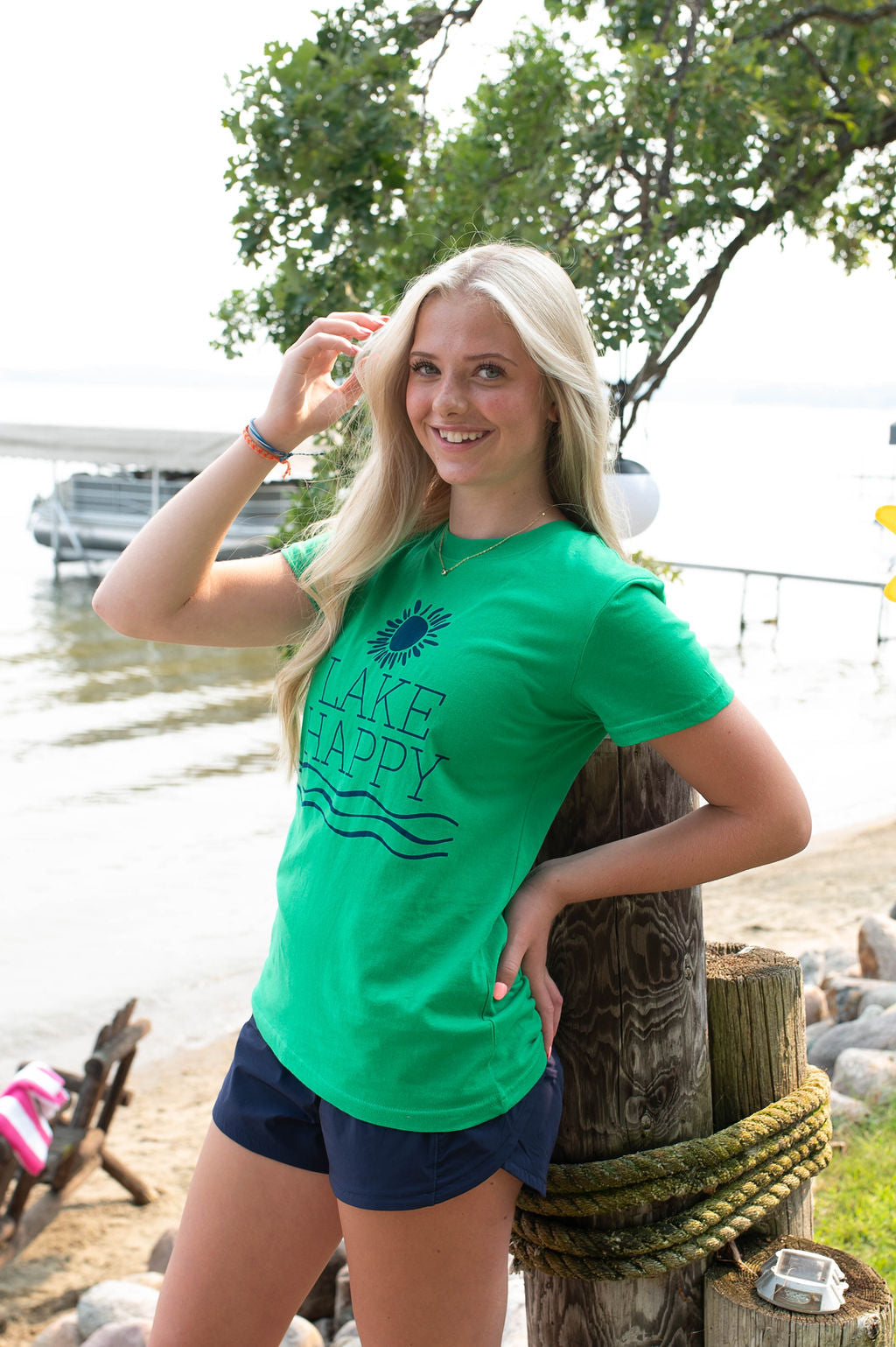 Lake Happy Short Sleeve Classic T-shirt Kelly Green and True Navy Logo Design