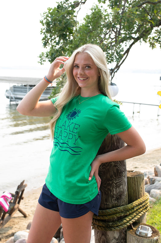 Lake Happy Short Sleeve Classic T-shirt Kelly Green and True Navy Logo Design
