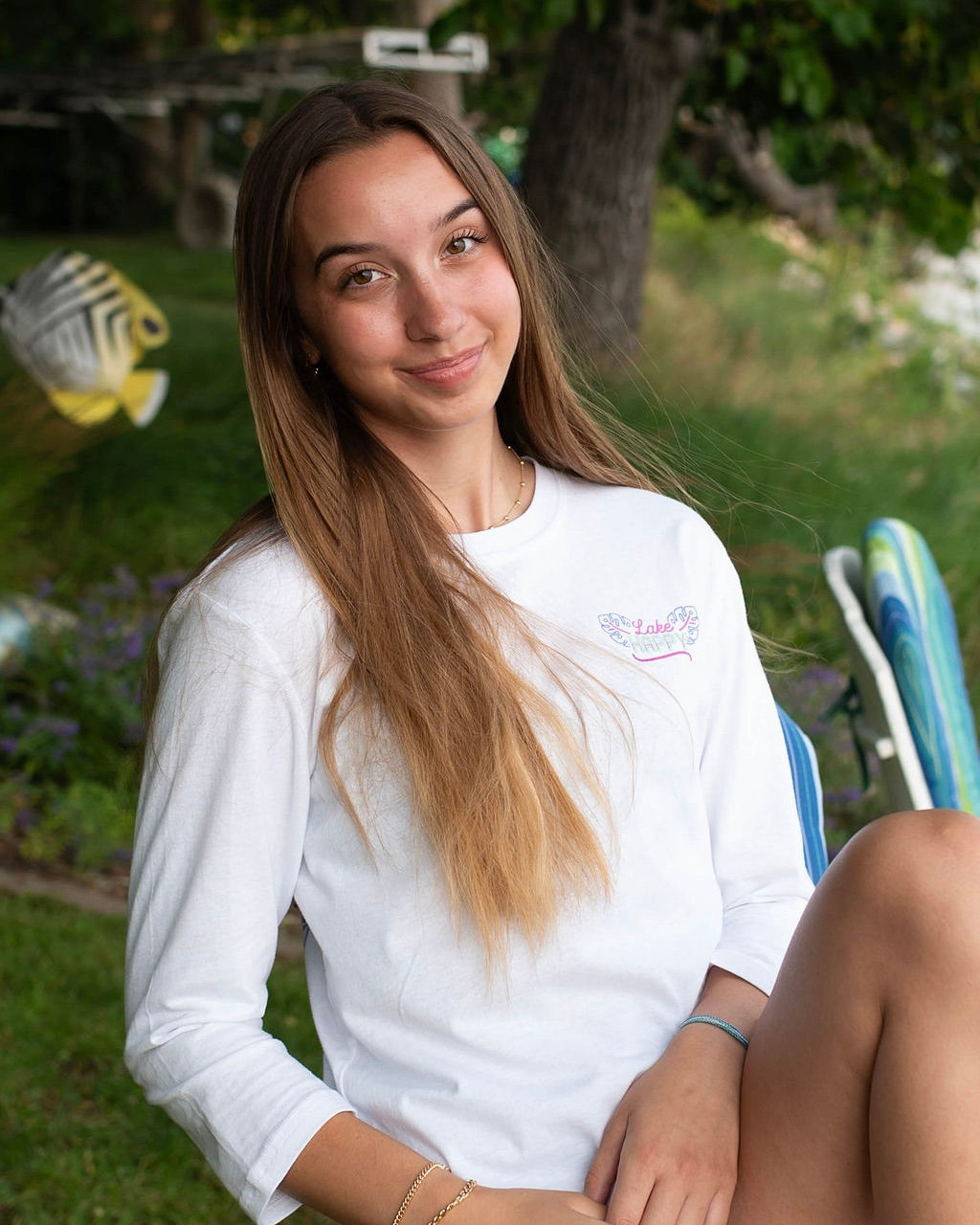 Lake Happy 3/4 Sleeve Tee Shirt White Neon Design