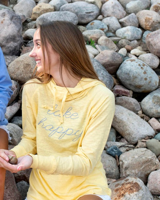 Lake Happy Long Sleeve Hooded Cowl Neck Tee Shirt Buttercup Yellow