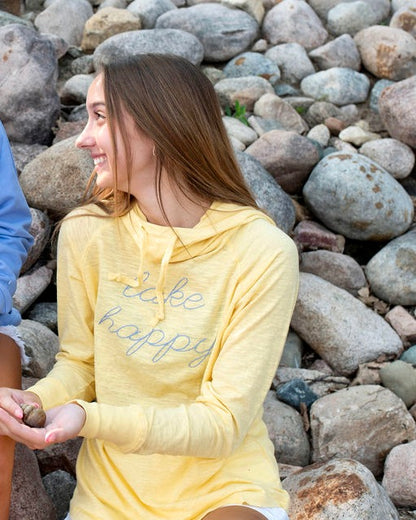 Lake Happy Long Sleeve Hooded Cowl Neck Tee Shirt Buttercup Yellow