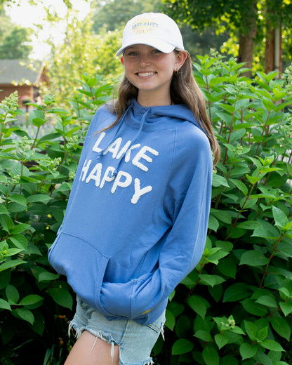Lake Happy Hooded Sweatshirt Bleached Denim White Chenille Logo Design