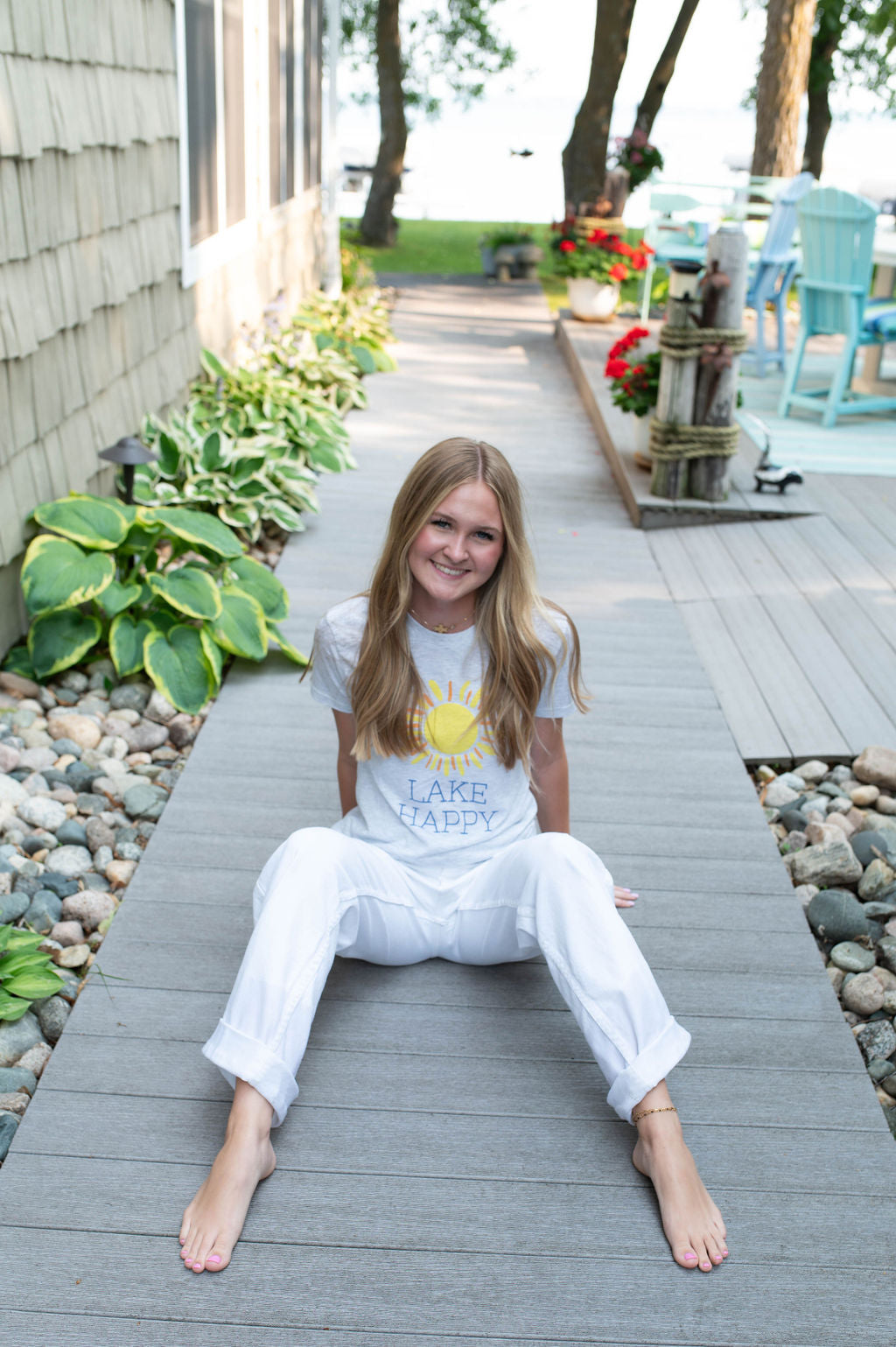 Lake Happy Short Sleeve T-shirt Heather Grey Sun Design Logo