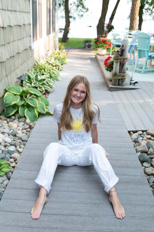 Lake Happy Short Sleeve T-shirt Heather Grey Sun Design Logo