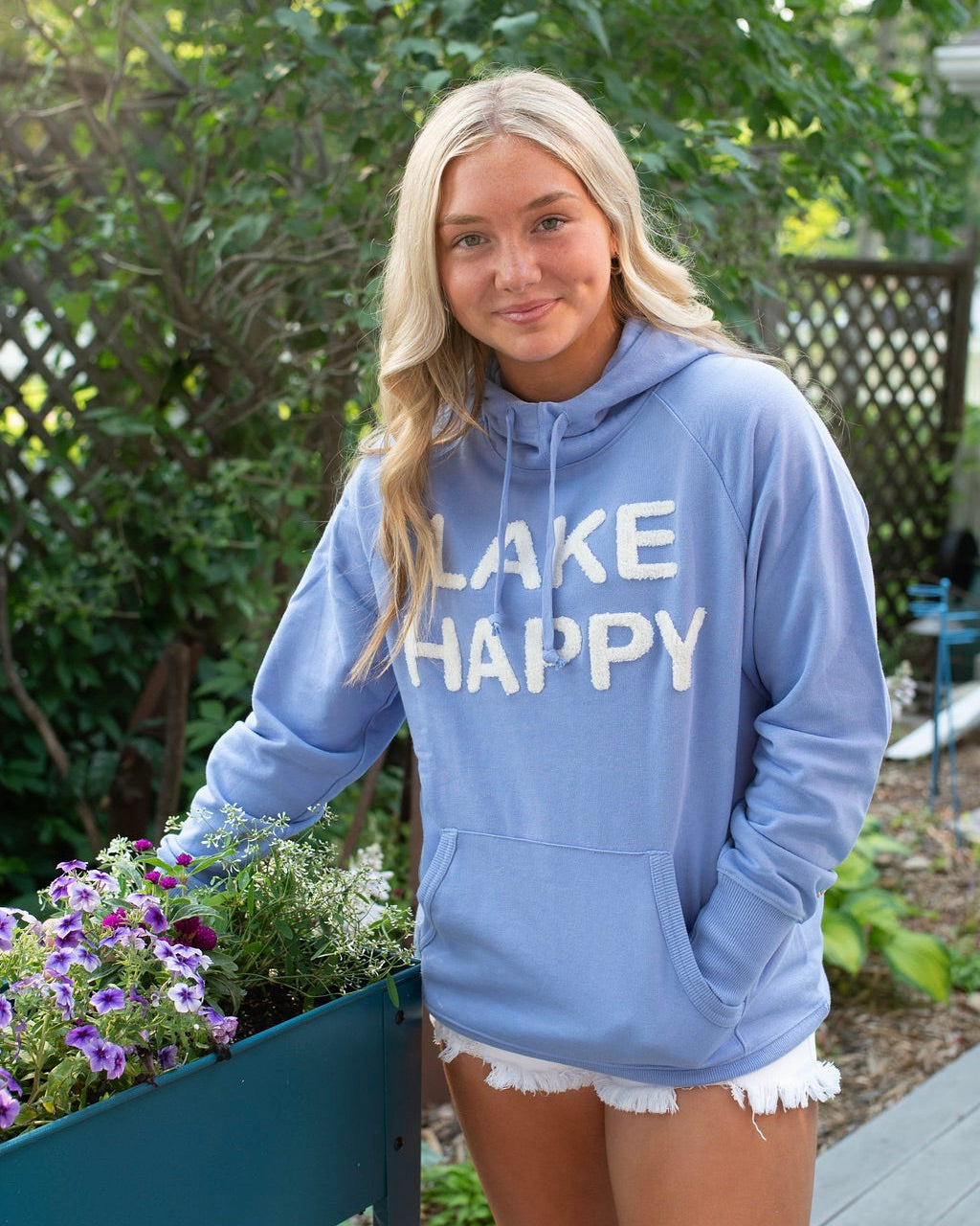Lake Happy Hooded Sweatshirt Chenille Sky Blue Logo Design