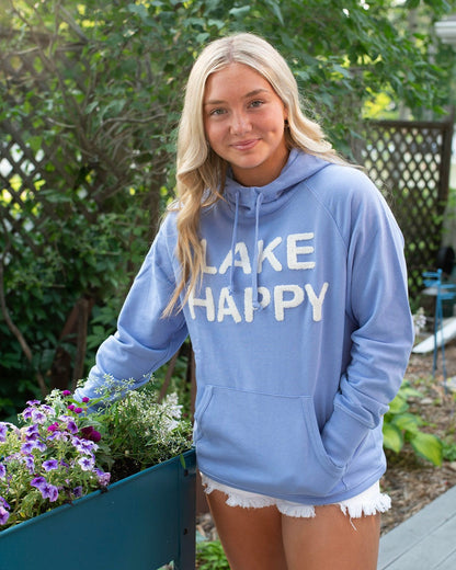 Lake Happy Hooded Sweatshirt Chenille Sky Blue Logo Design
