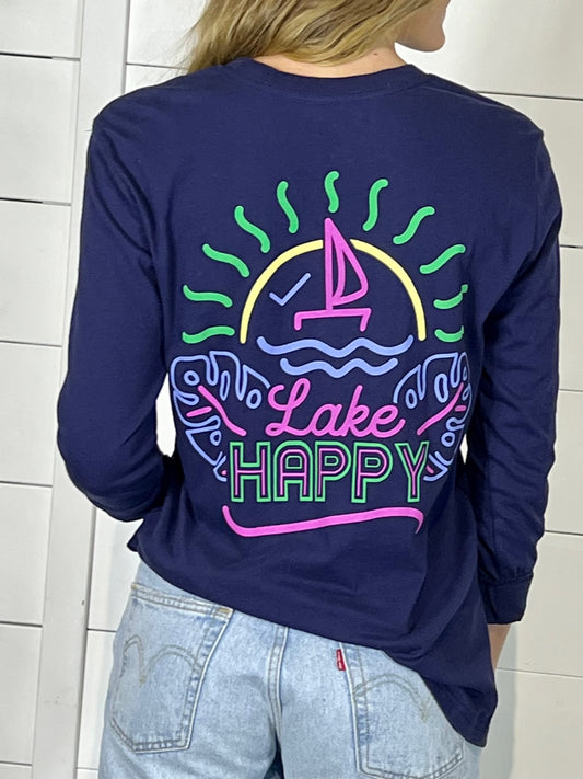 Lake Happy Neon Long Sleeve T-Shirt True Navy Neon Logo Design