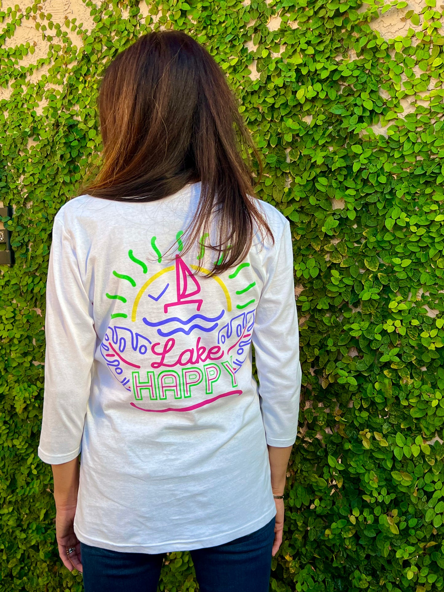 Lake Happy 3/4 Sleeve Tee Shirt White Neon Design