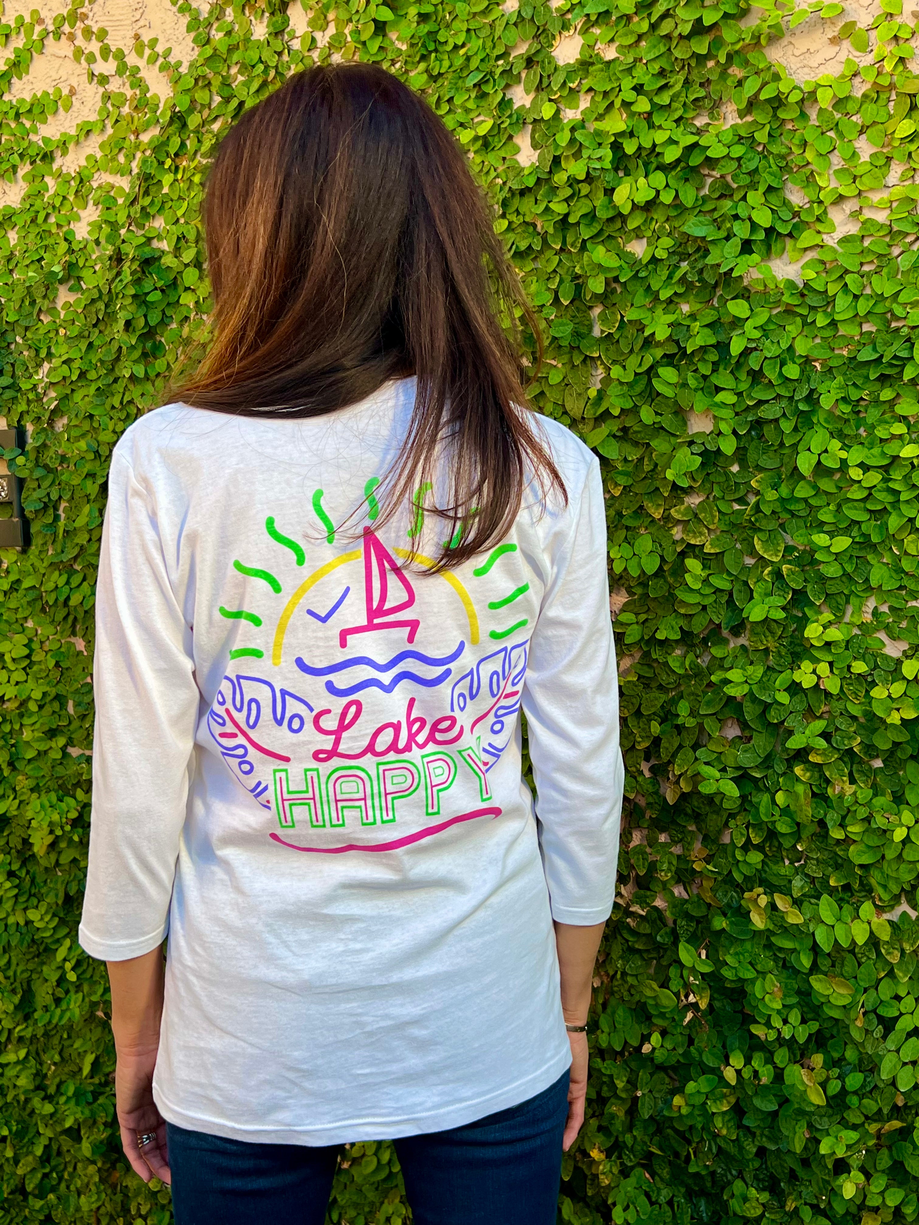 Lake Happy 3/4 Sleeve Tee Shirt White Neon Design