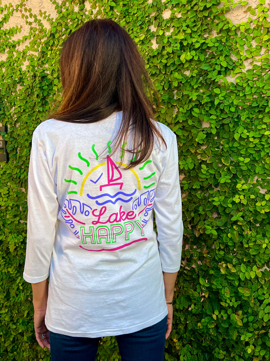 Lake Happy 3/4 Sleeve Tee Shirt White Neon Design