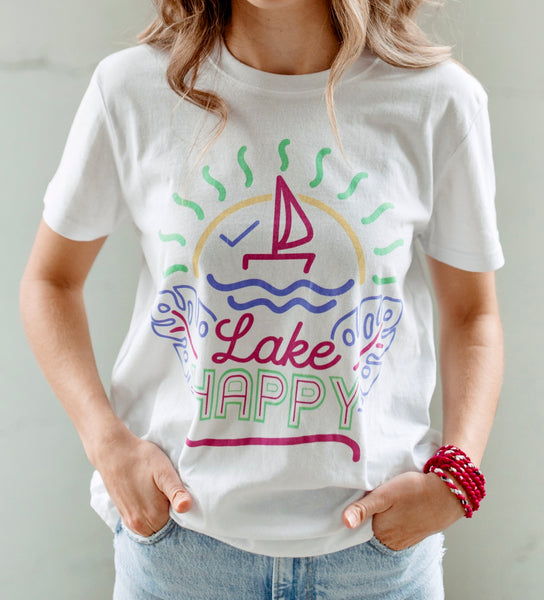 Lake Happy Short Sleeve Classic Tee Shirt White Neon Design Logo