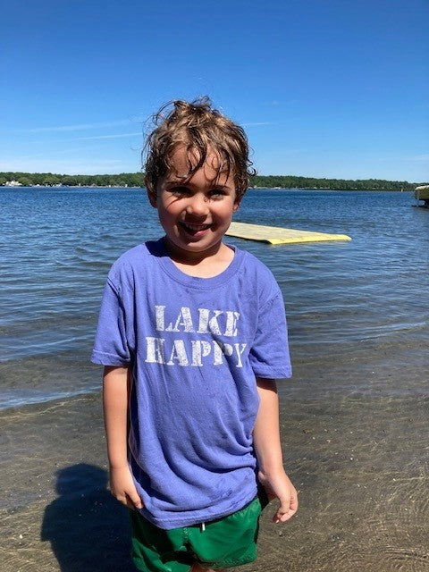 Lake Happy Youth Short Sleeve T-shirt Bleached Denim Stencil Logo Design