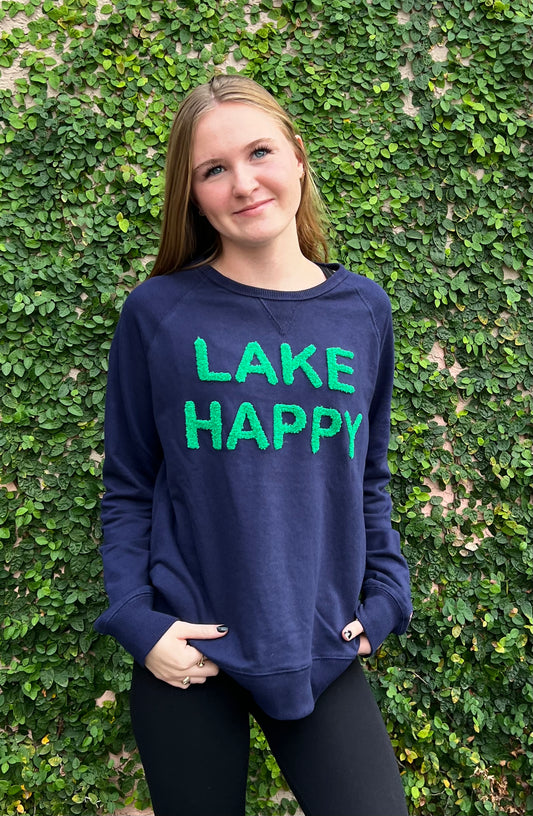 Lake Happy Crew Neck Sweatshirt Chenille True Navy Kelly Green