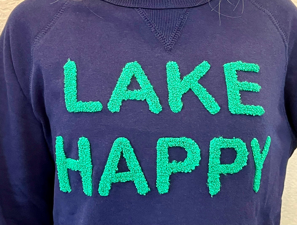Lake Happy Crew Neck Sweatshirt Chenille True Navy Kelly Green