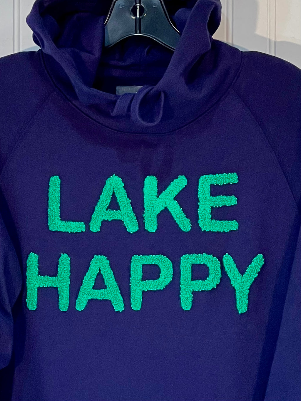 Lake Happy Hooded Sweatshirt Drawstring Chenille True Navy Kelly Green
