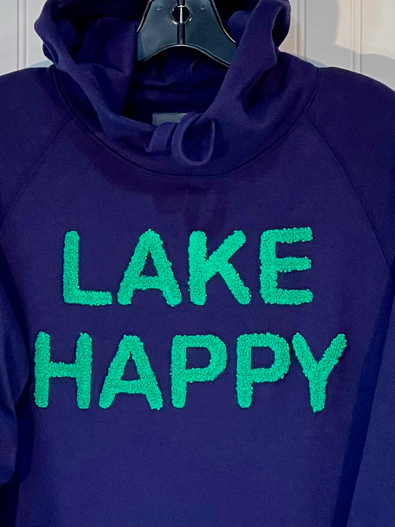 Lake Happy Hooded Sweatshirt Drawstring Chenille True Navy Kelly Green