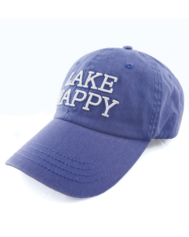 Lake Happy twill baseball style cap, bright blue with raised white letters.