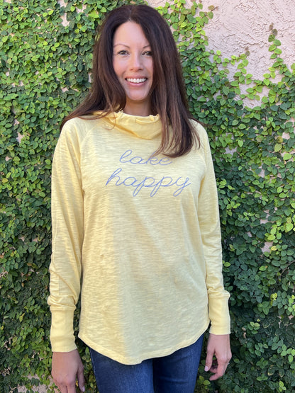 Lake Happy Long Sleeve Hooded Cowl Neck Tee Shirt Buttercup Yellow