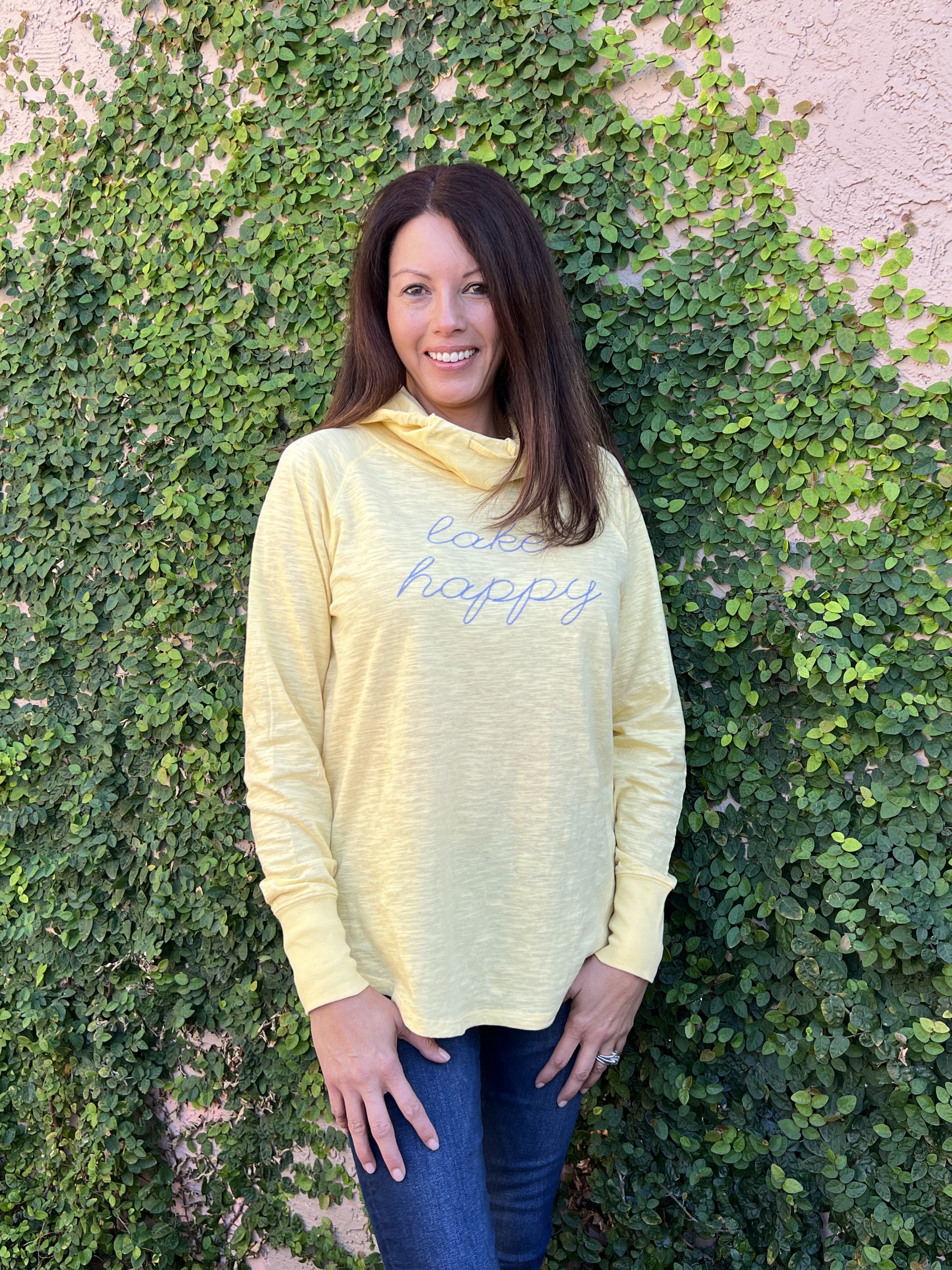 Lake Happy Long Sleeve Hooded Cowl Neck Tee Shirt Buttercup Yellow