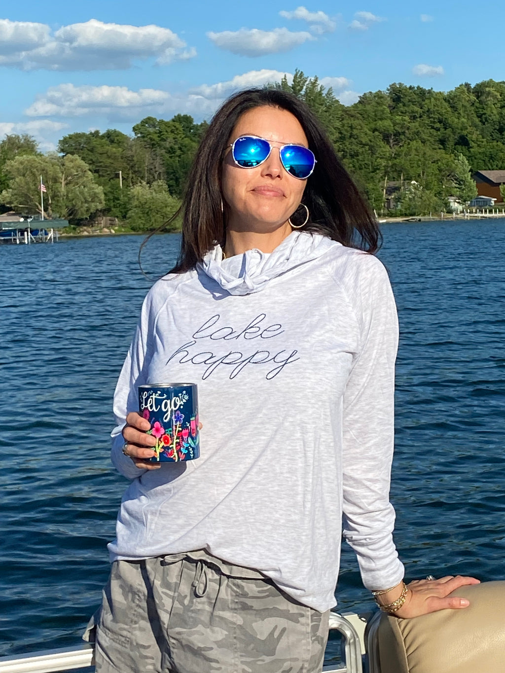Lake Happy Long Sleeve Hooded Cowl Neck T-shirt Heather Grey Stitched Logo Design