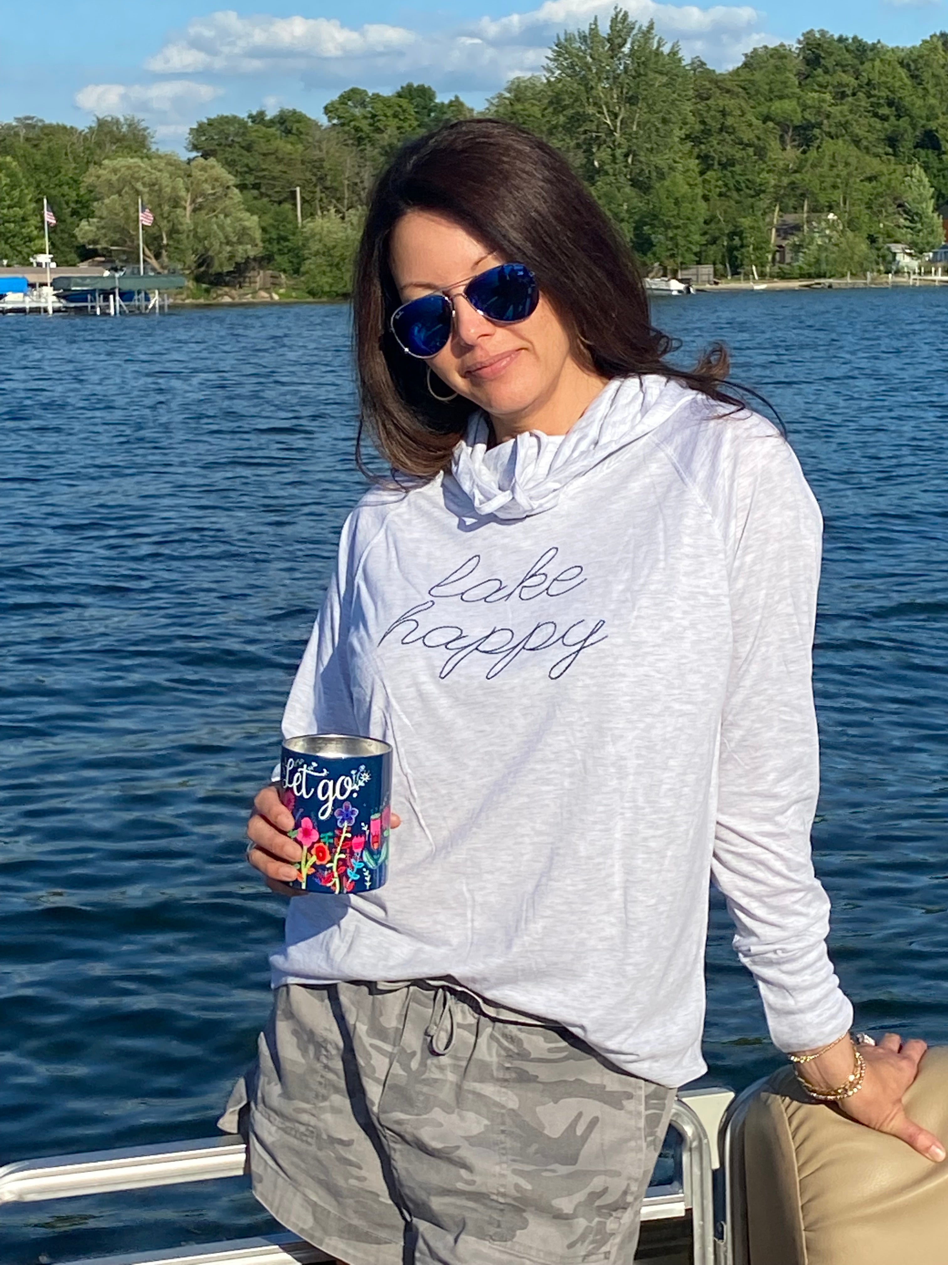 Lake Happy Long Sleeve Hooded Cowl Neck T-shirt Heather Grey Stitched Logo Design