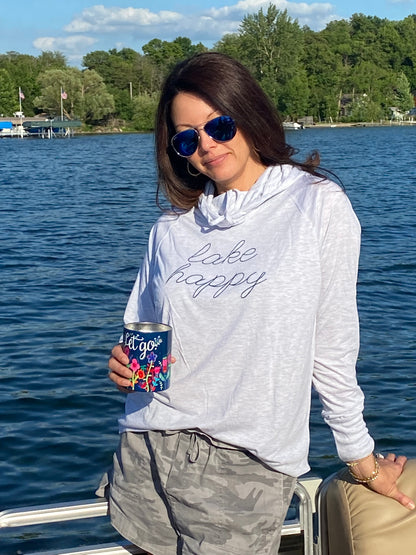 Lake Happy Long Sleeve Hooded Cowl Neck T-shirt Heather Grey Stitched Logo Design