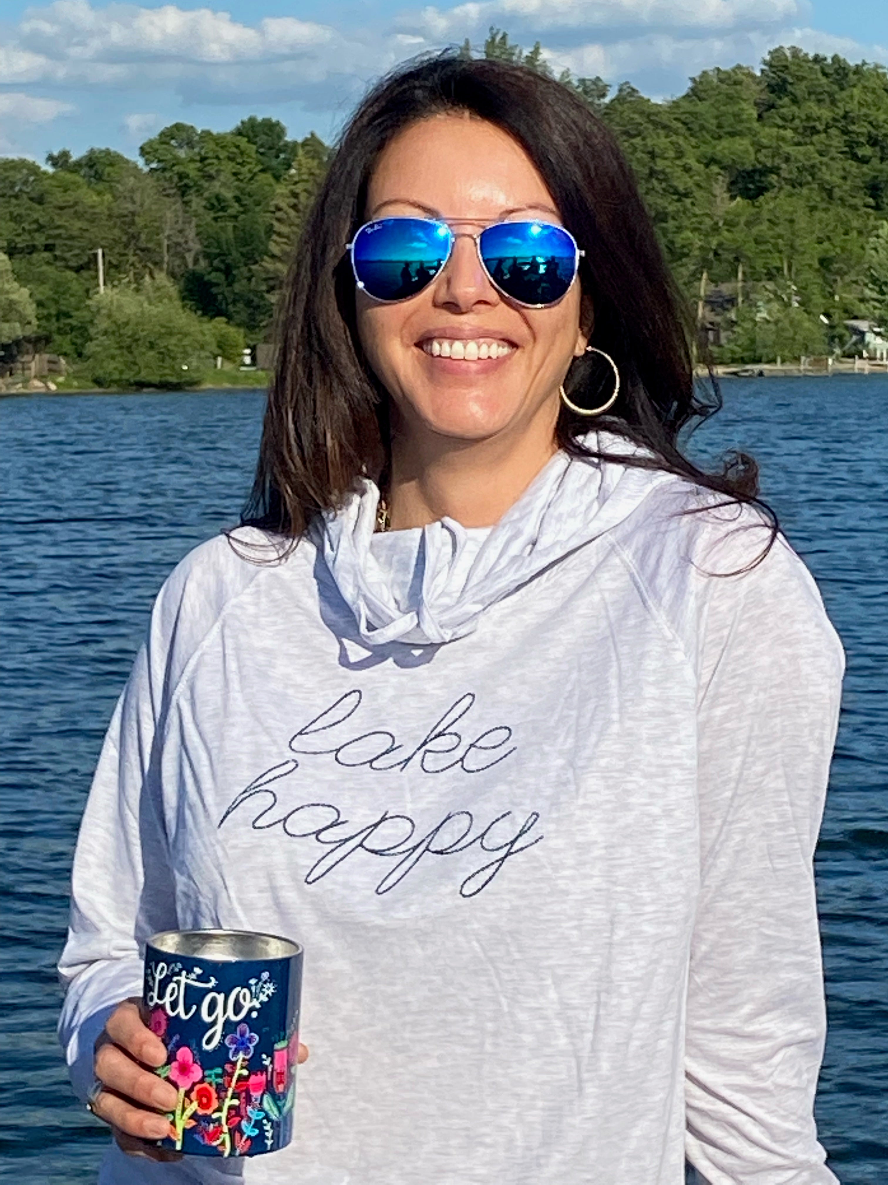 Lake Happy Long Sleeve Hooded Cowl Neck T-shirt Heather Grey Stitched Logo Design