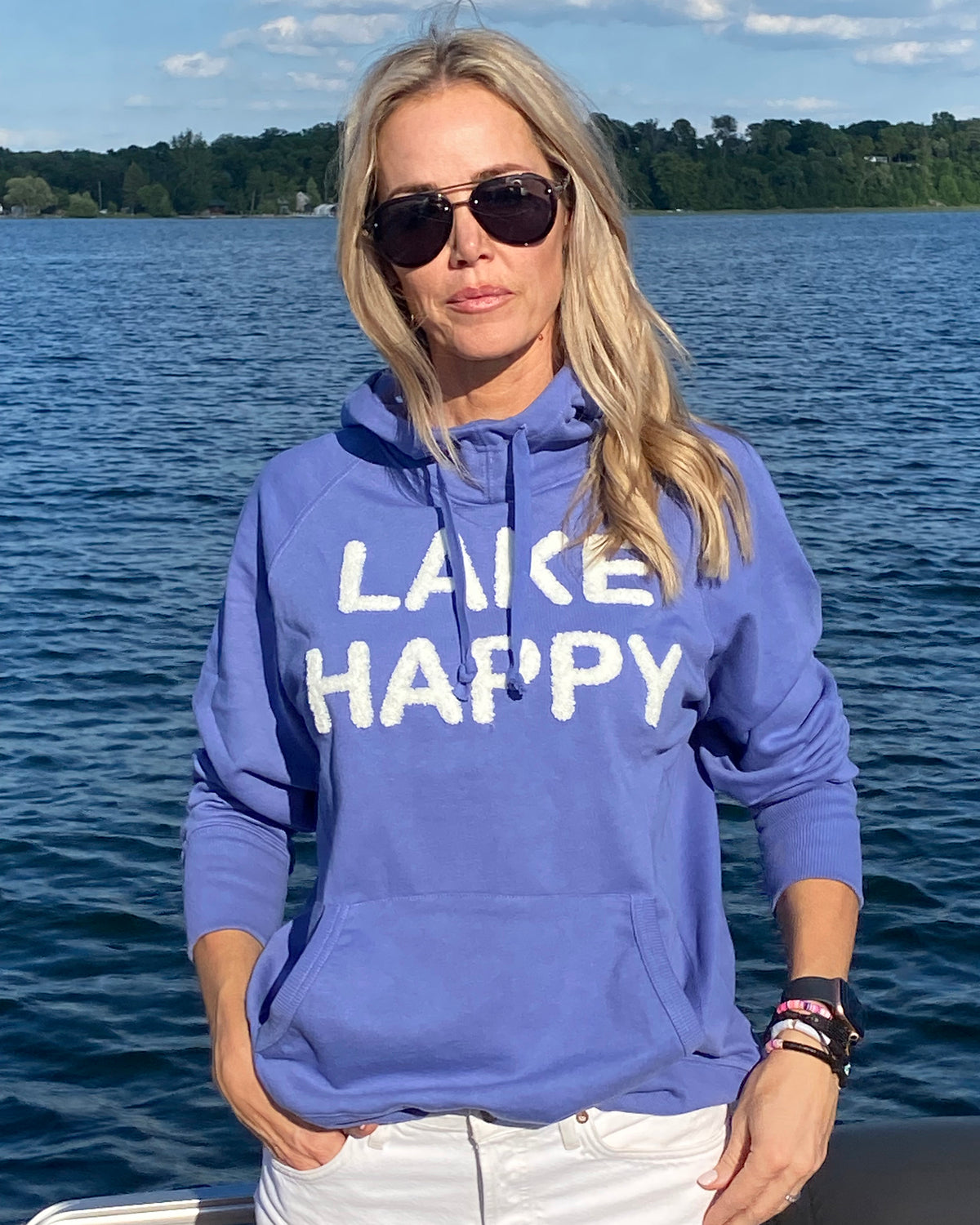 Lake Happy hooded sweatshirt, bright blue with white chenille letters.