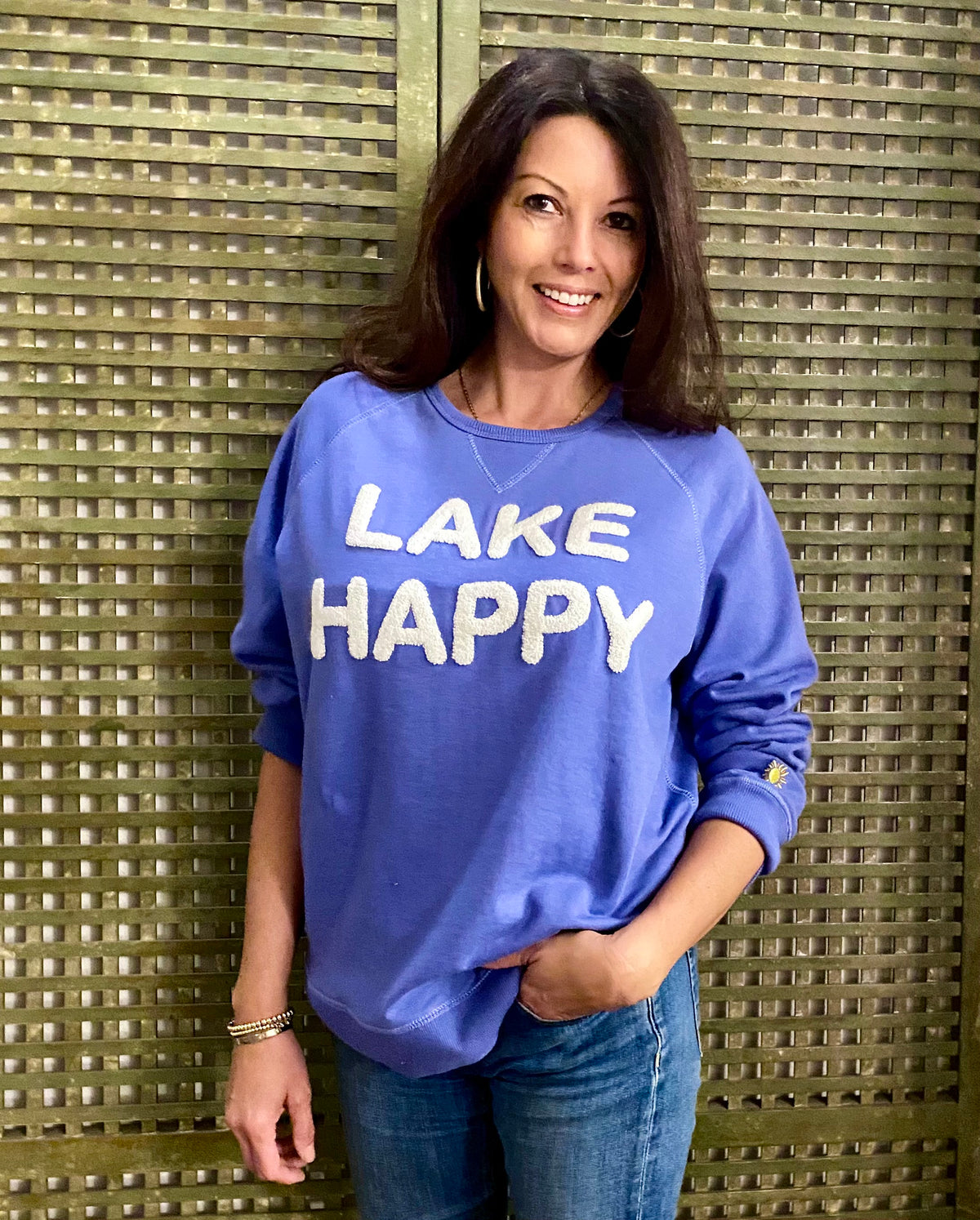 Lake Happy Crew Neck Sweatshirt Bleached Denim White Chenille Logo Design