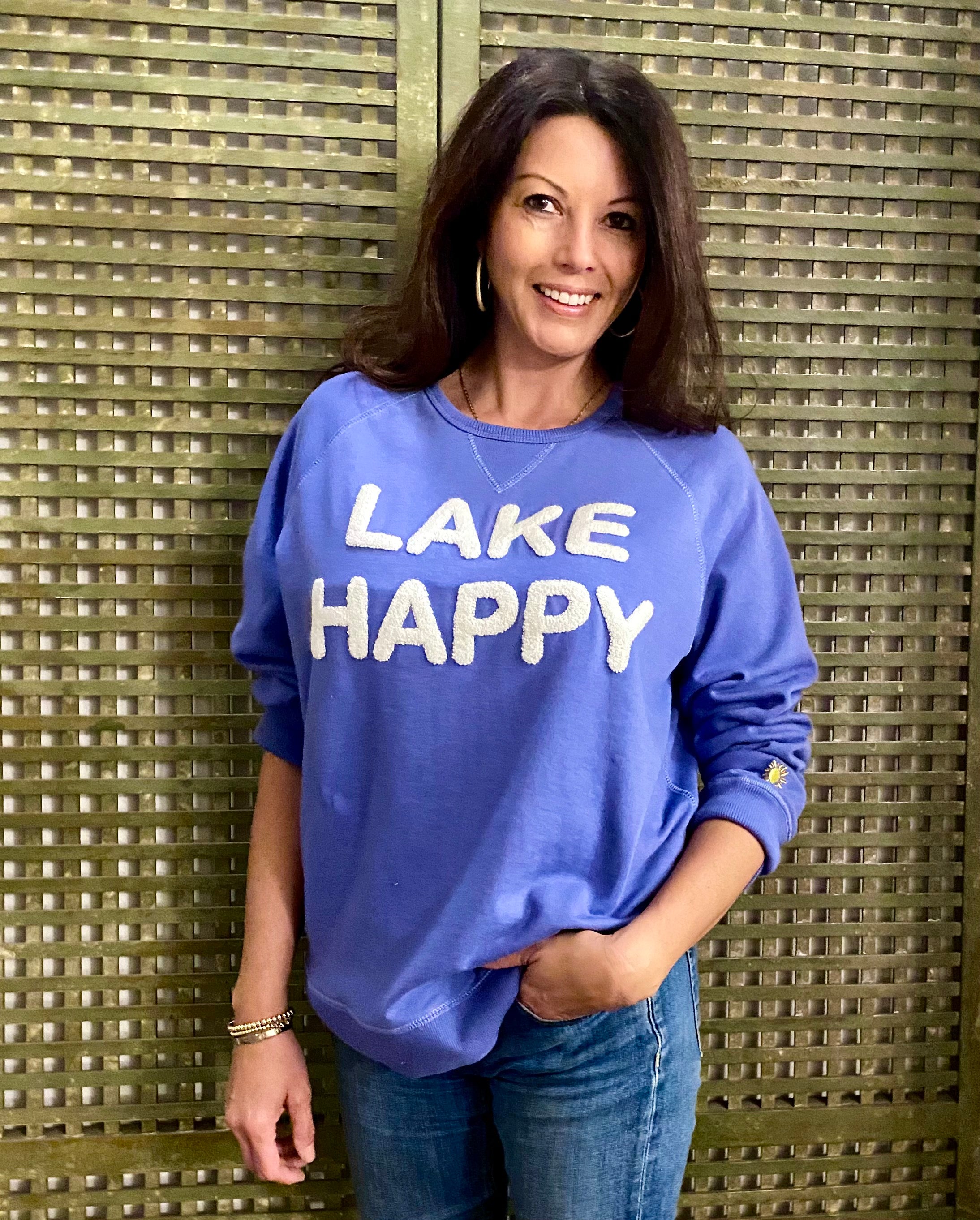 Lake Happy Crew Neck Sweatshirt Bleached Denim White Chenille Logo Design